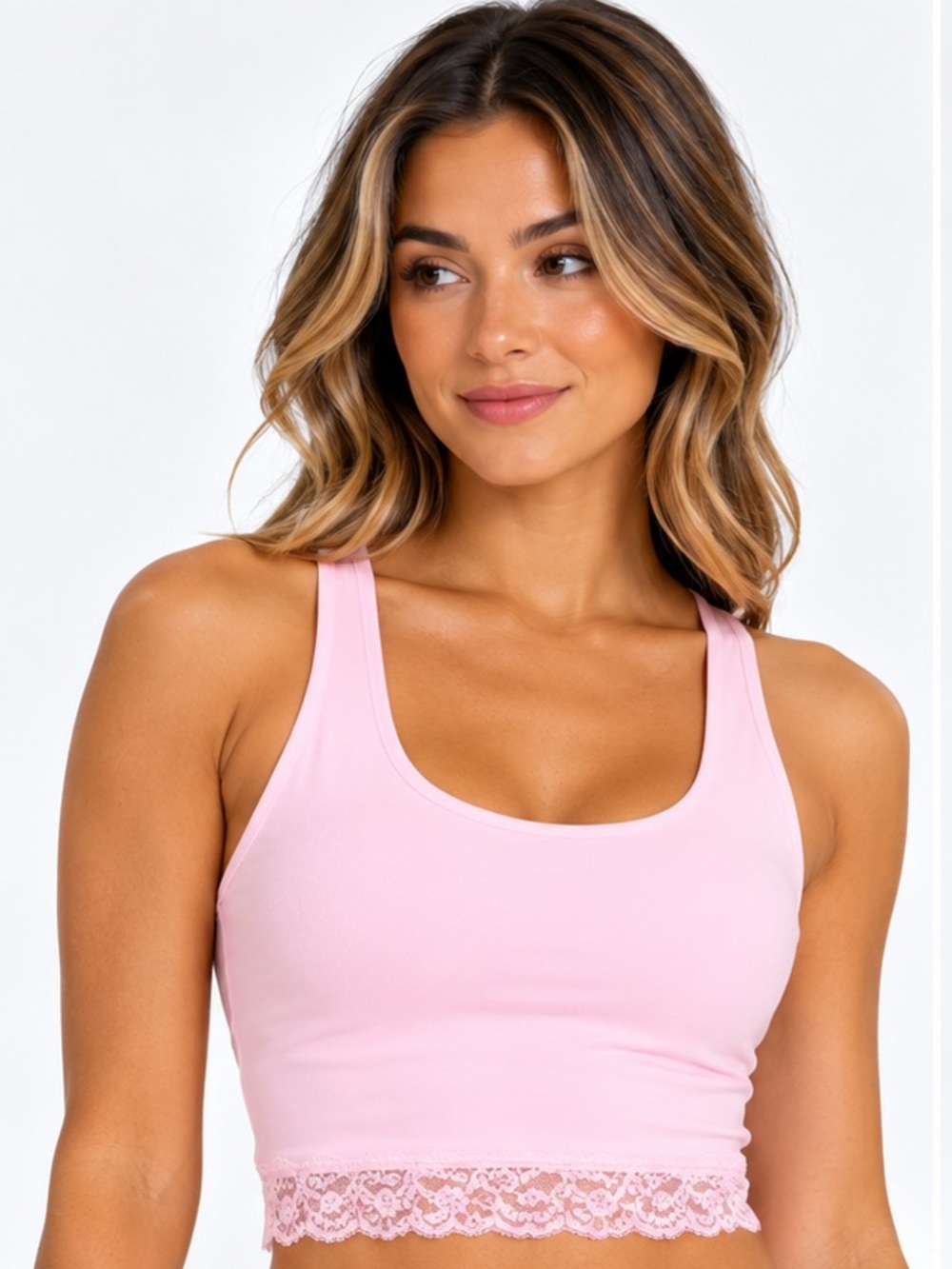 all in motion Pink Lace-Hem Racerback Bandeau Crop Tank